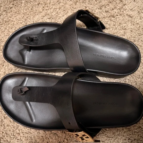 Tory Burch women’s Black Sandals with Gold Accents - Picture 2 of 4
